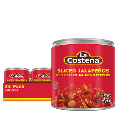 La Costeña Sliced Red Jalapeno Peppers for Mexican Food, Jalapeno Salsa, Enchiladas, Guacamole, Spicy Nacho & Taco Toppings - Pickled Vegetables - 7oz, 24 Pack Cans