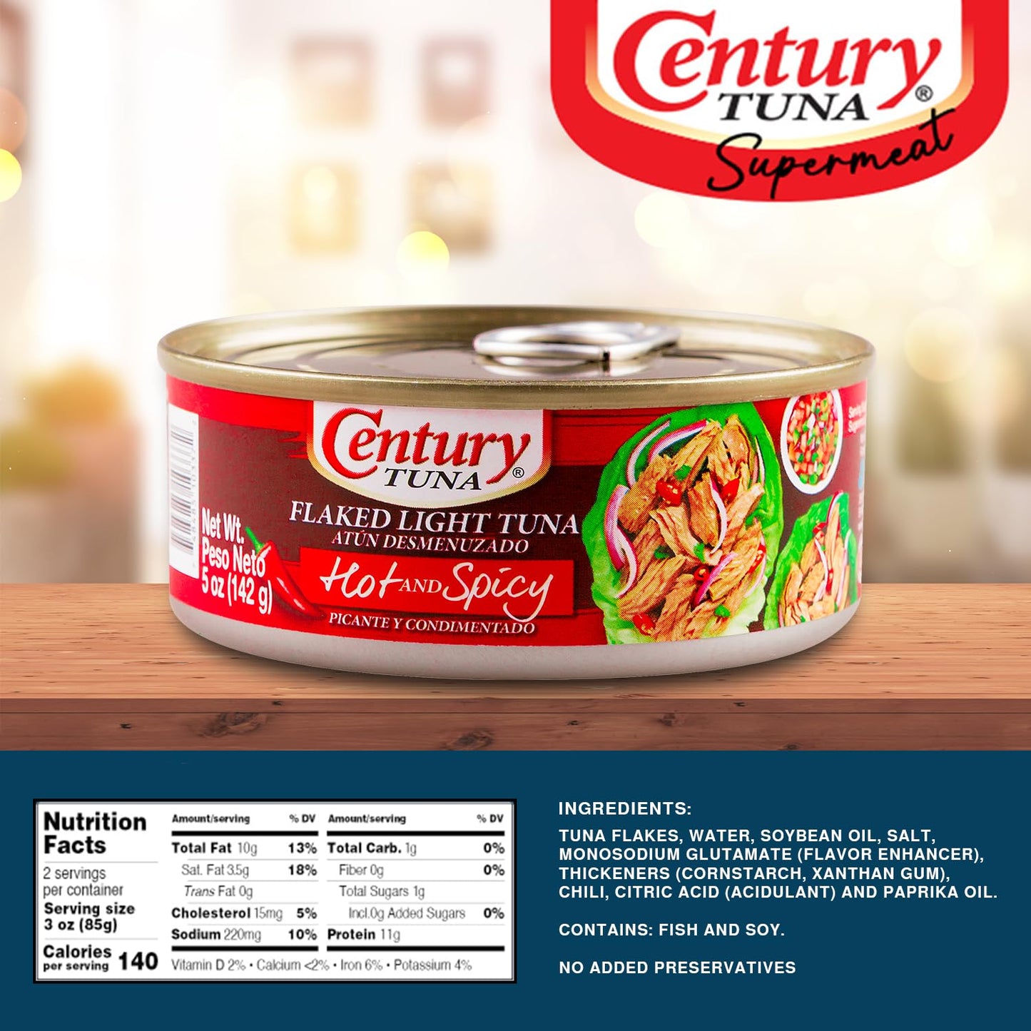 Century Tuna Hot & Spicy Flaked Light Tuna in Oil | High in Protein and Rich in Omega 3 DHA Canned Tuna, 5 oz (Pack of 6)