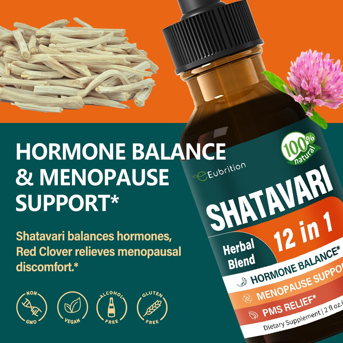 Shatavari (Shitabari) Drops for Women Support Menopause Relief, Herbal Supplement for PMS Support, 12-in-1 Formula with Wild Yam, Vitex Berry Extract. 2oz