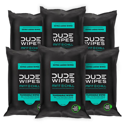 DUDE Wipes Mint Chill Travel Wipes - 6 Packs of 18 (108 Count) - Extra-Large Adult Flushable Wipes - Infused with Tea Tree Oil, Vitamin E, and Aloe - Septic and Sewer Safe