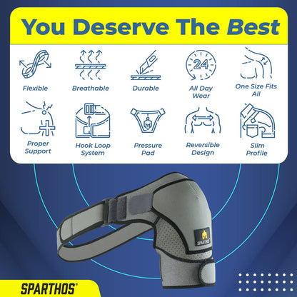 Sparthos Shoulder Brace - Adjustable Support Sleeve for Torn Rotator Cuff, AC Joint Relief, Shoulder Stability & Compression - Fits Bicep 10-14 in, Left or Right, Men & Women - Measure Before Purchase