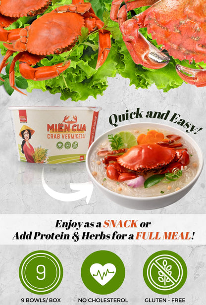 SIMPLY FOOD Instant Crab Glass Noodles (Miến Cua) - 9 BOWLS/ 55g each – Chewy, Clear Glass Vermicelli Noodles in a Seafood Crab Broth