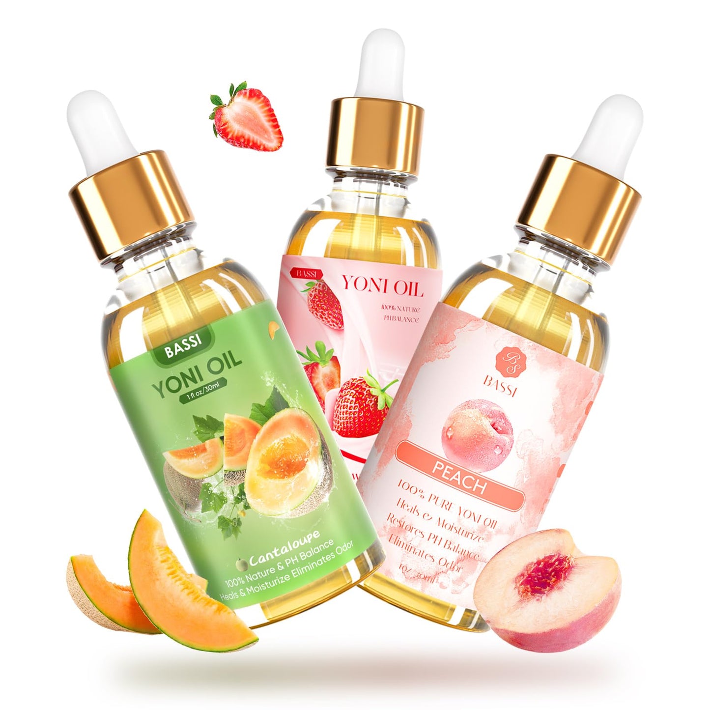 3 PCS Natural Yoni Oil for Women -Feminine Oil Vaginal Moisturizer - Reduces Odor, Restores pH Balance, Helps with Vaginal Itch, Herbal Yoni Blend with Strawberry Peach Hami Melon