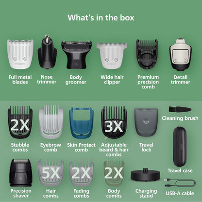 Philips Norelco All-in-One 9000 Series 28-Piece Trimmer - Electric Shaver and Clipper for Face, Beard, Head & Body, Self-sharpening Full Metal Blades, 27 Length Settings (0.5-20 mm), MG9585/49