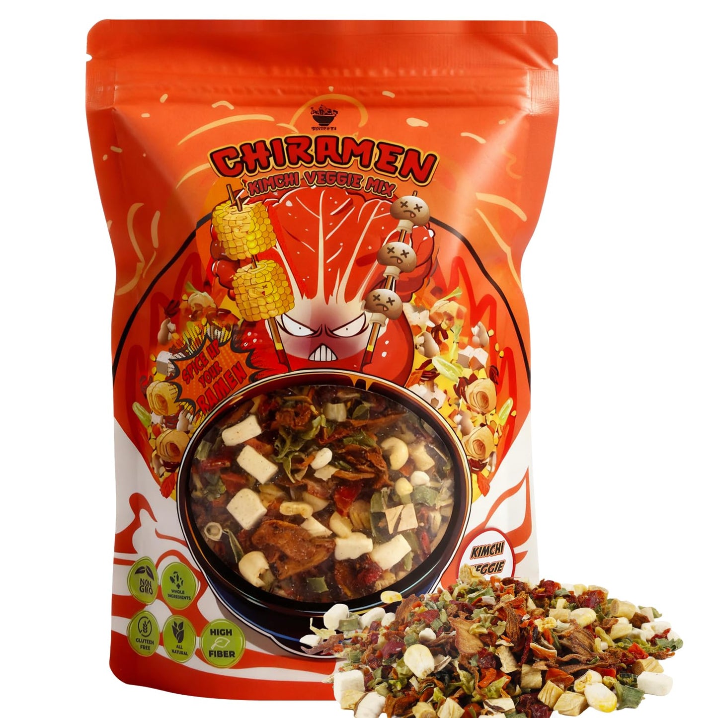 CHIRAMEN Kimchi Veggie Mix Dried Ramen Toppings, Kimchi, Mushrooms, Sweet Pepper, Tofu, Cabbage, Chives, Corn, Perfect for Cup Noodles and Dehydrated Vegetables Soup