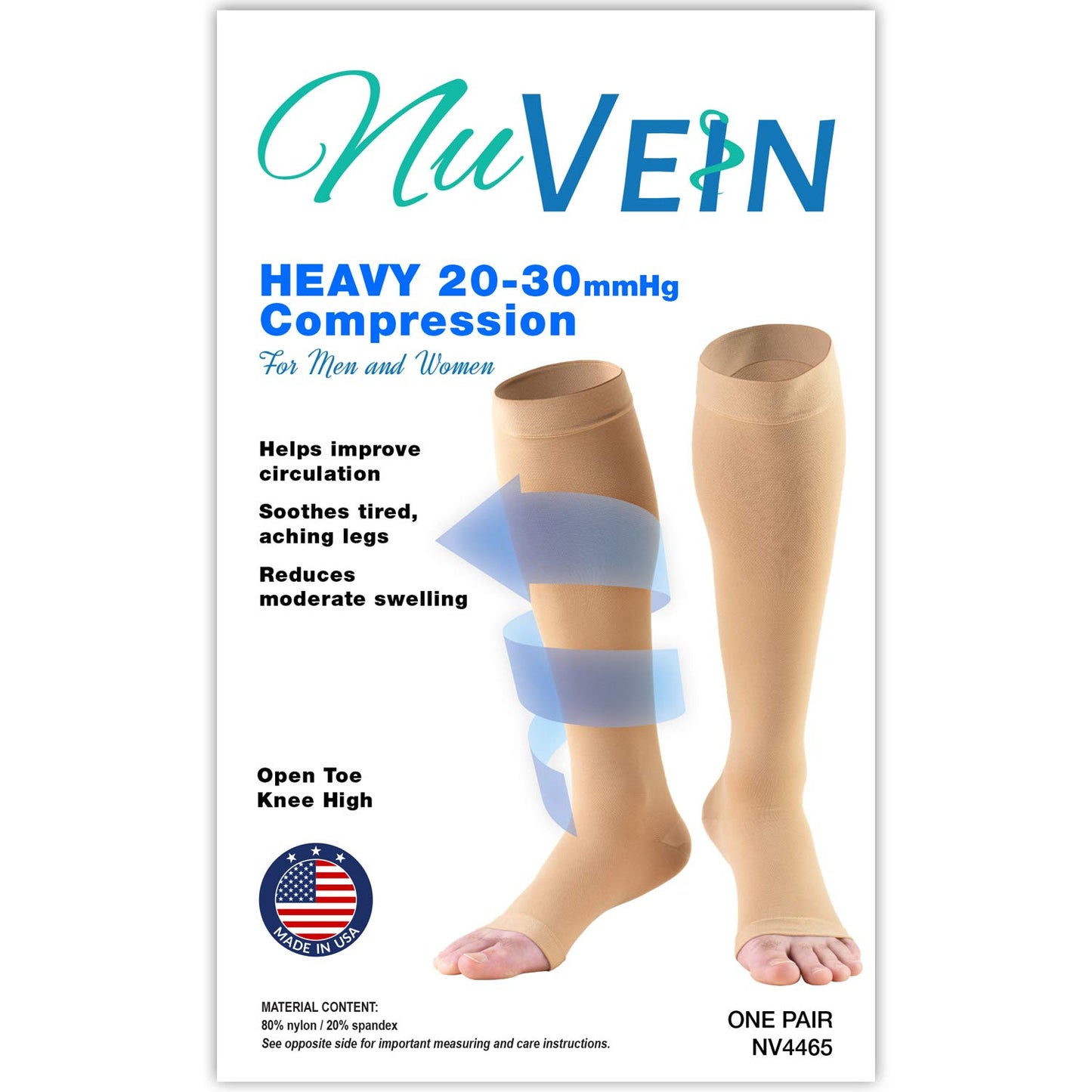 NuVein Medical Compression Stockings, 20-30 mmHg Support for Women & Men, Knee Length, Open Toe, Beige, Medium (short length)