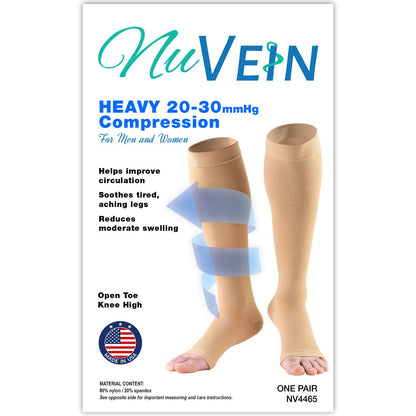 NuVein Medical Compression Stockings, 20-30 mmHg Support for Women & Men, Knee Length, Open Toe, Beige, Medium (short length)
