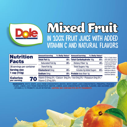 Dole Fruit Bowls Mixed Fruit in 100% Juice Snacks, 4oz 36 Total Cups, Gluten & Dairy Free, Bulk Lunch Snacks for Kids & Adults