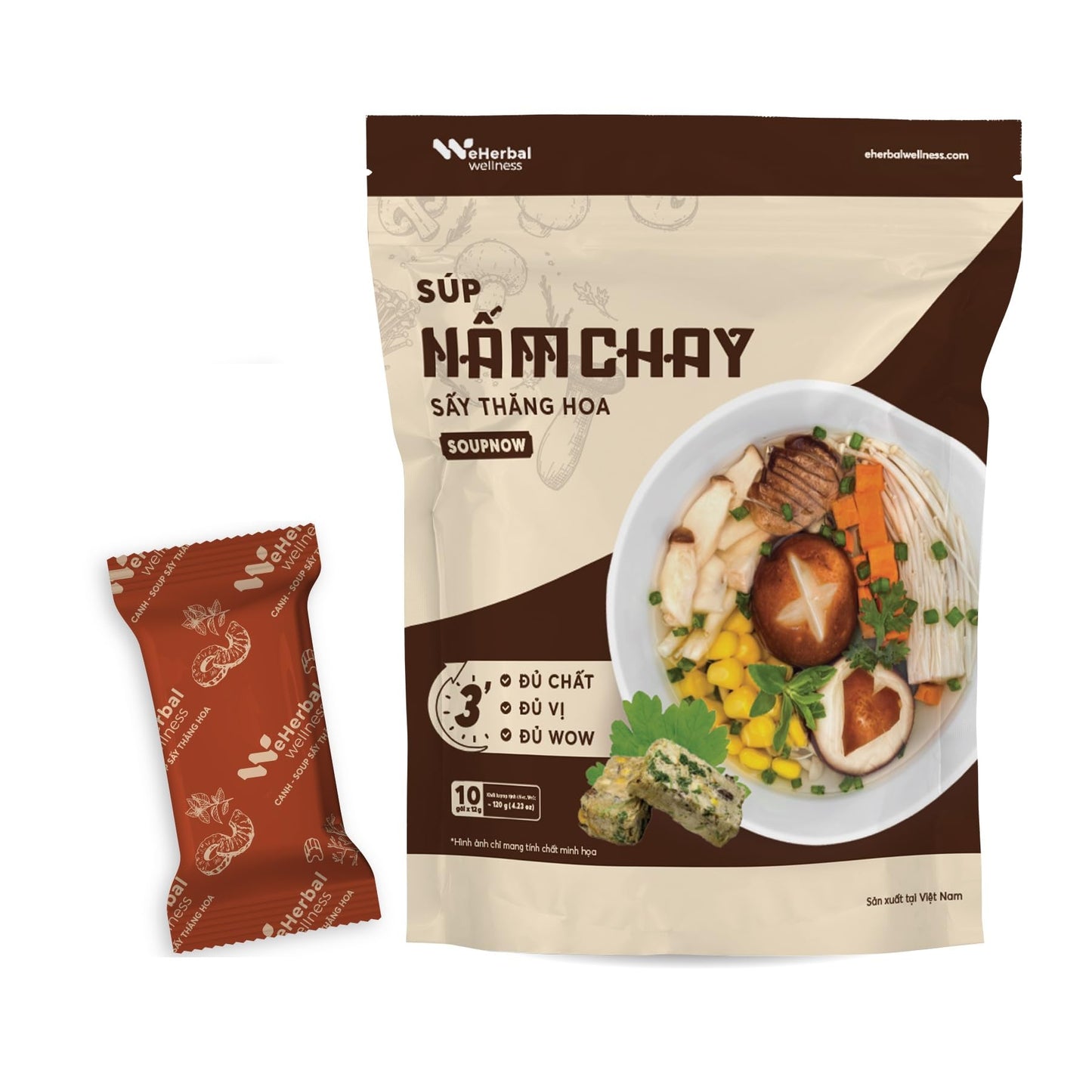 eHerbal Instant Mushroom Soup Cubes Freeze-Dried | 100% Real Mushrooms (Enoki, Shiitake, King Oyster) | Vegan, Quick & Delicious | 10 Servings, 120g (4.23oz)