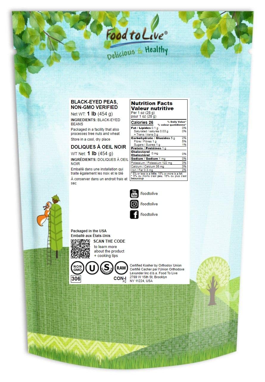 Food to Live Black-Eyed Peas, 1 Pound - Raw Dried Whole Cow Peas, Kosher, Vegan, Sproutable. High in Dietary Fiber, Easy to Cook. Product of the USA