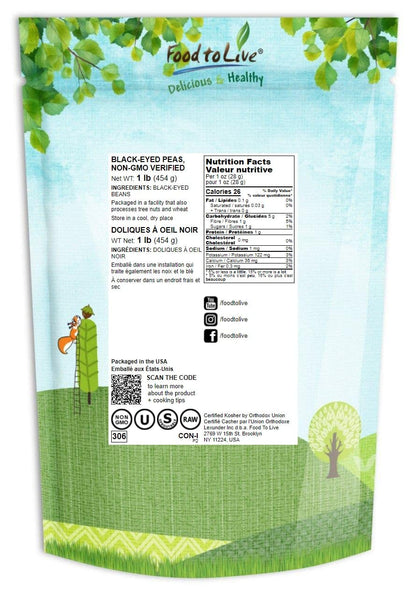 Food to Live Black-Eyed Peas, 1 Pound - Raw Dried Whole Cow Peas, Kosher, Vegan, Sproutable. High in Dietary Fiber, Easy to Cook. Product of the USA
