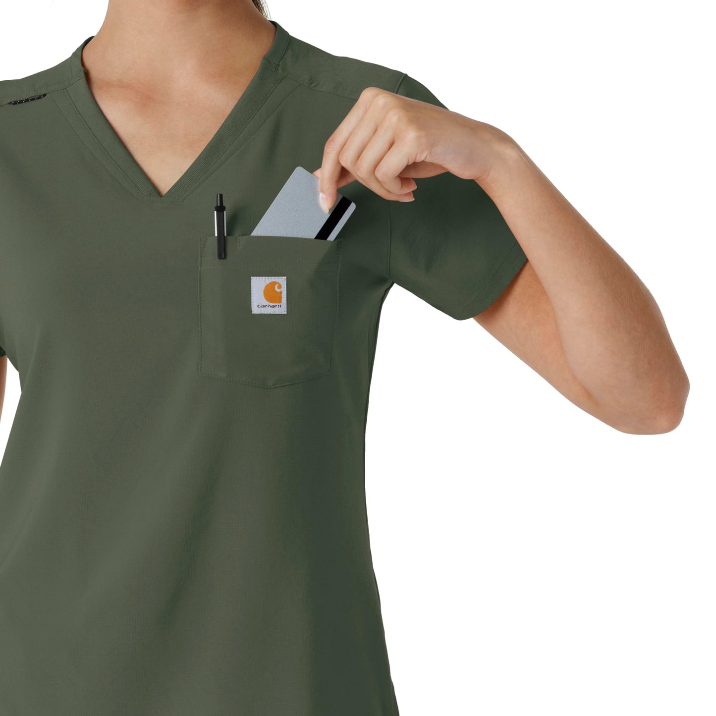 Carhartt Scrubs for Women Force Cross-Flex Tuck-in V-Neck Tops with 1 Pocket Olive