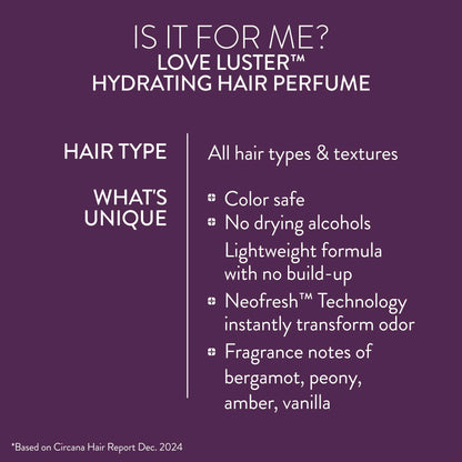 Pureology Love Luster Hydrating Hair Perfume - Hair & Body Mist with Vanilla & Peony Fragrance, Color Safe, No Drying Alcohols, Instant Hair Shine & Softness