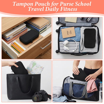 1 Pc Tampon Pouch, Portable Tampon Holder for Purse, Neoprene Tampon Bag with Strap, Travel Friendly Discreet Period Bag for Feminine Products, Waterproof Pad Bag, Black (Bag Only)