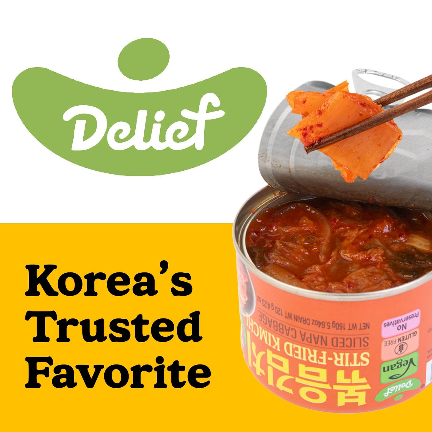 DELIEF Stir-Fried Cabbage Kimchi - Authentic Korean Cabbage, Vegan, Gluten-Free, Shelf-Stable Canned, No Preservatives, 5.64 oz/160 g (1 Pack)