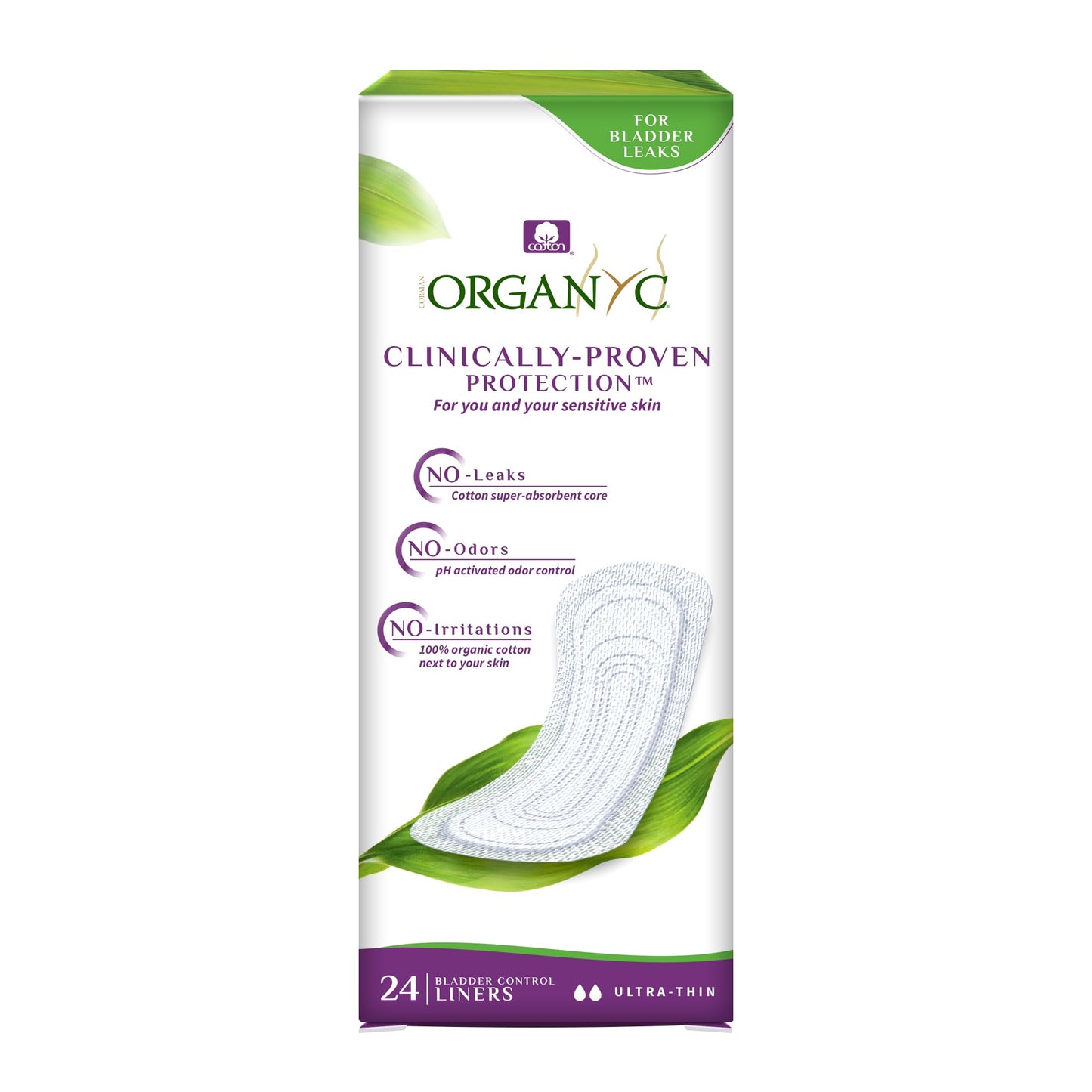 Organyc 100% Organic Cotton Inside and Out Light Incontinence Liners for Bladder Leakage Control, FSA/HSA Eligible, Ultra Thin, Light Flow, 24 Count