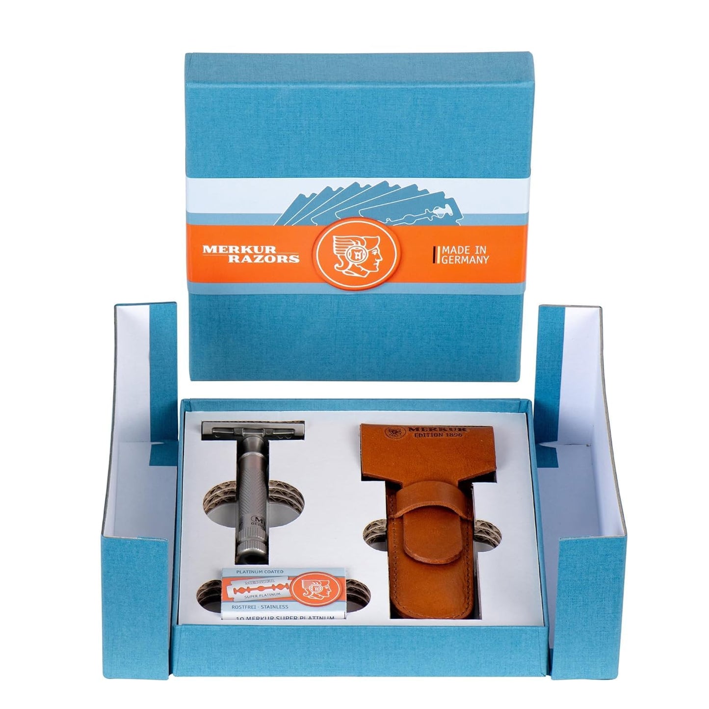 MERKUR Stainless Steel Safety Razor Set 34 INOX |Includes Premium Safety Razor, Leather Case and 10 x Platinum Blades | Satin Matt | Closed Comb | Ideal for Wet Shaving | Made in Germany