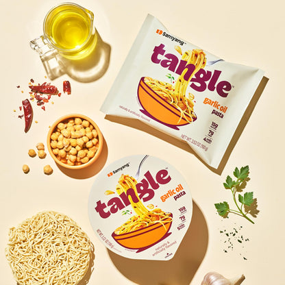 Samyang Tangle Garlic Oil Linguine Aromatic Roasted Garlic and Olive Oil Flavor Spicy Kick Air Dried Noodle Easy Cook Pasta 3.63 oz (Pack of 4)