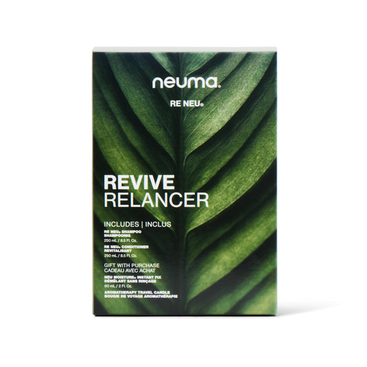 NEUMA Glow Strong. Glow Bright. Revive Gift Set. Re Neu 8.5 Fl Oz. Shampoo and Conditioner + Neu Moisture 2 Fl. Oz. Instant Fix + Aroma Therapy Travel Candle