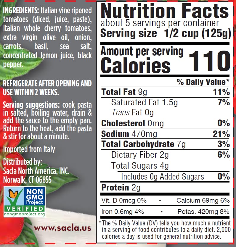 SACLA Cherry Tomato & Basil Pasta Sauce with No Added Sugar | 100% Italian Grown Tomatoes with Basil & Extra Virgin Olive Oil | 24 oz Glass Jar | Imported from Italy | Non-GMO Authentic Italian Sauce