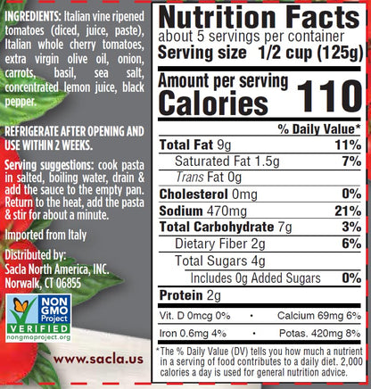 SACLA Cherry Tomato & Basil Pasta Sauce with No Added Sugar | 100% Italian Grown Tomatoes with Basil & Extra Virgin Olive Oil | 24 oz Glass Jar | Imported from Italy | Non-GMO Authentic Italian Sauce