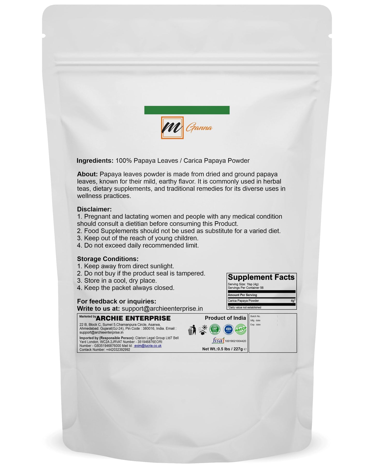 100% Natural Papaya Leaves/Carica Papaya Linn Powder for Hair and Skin Care 0.5 LBS / 227 GMS