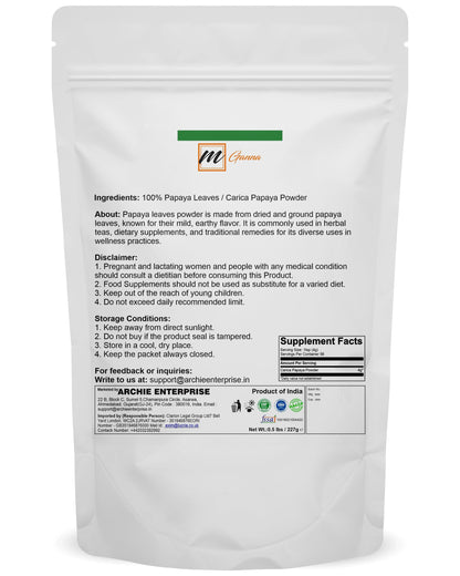 100% Natural Papaya Leaves/Carica Papaya Linn Powder for Hair and Skin Care 0.5 LBS / 227 GMS