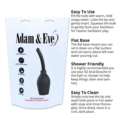 Adam & Eve EZ Anal Douche, Easy to Use Cleaning Bulb with Flexible Tip, Large Capacity for Deep Cleansing, Stable Flat Base, Body Safe and Reusable, Compatible with Water Based and Silicone Lubes