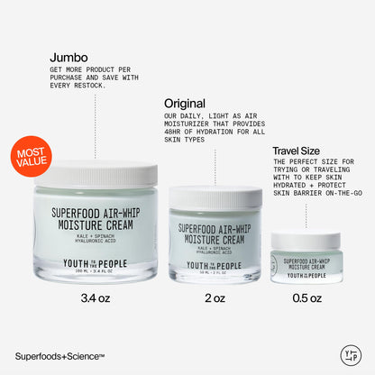 Youth To The People Superfood Air-Whip Moisture Cream - Kale + Green Tea Hyaluronic Acid Face Moisturizer, Smooths + Hydrates Up to 48HR with Dewy Glow, Non-Greasy Lightweight Gel, Non-comedogenic