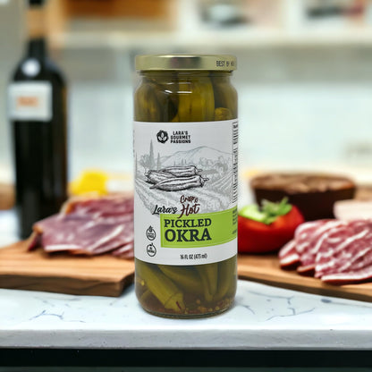 Lara's Crisp and Hot Pickled Okra – (Pack of 2, 16 fl oz each) – Zesty Southern Style Spicy Okra, Ideal for Charcuterie Boards, Gourmet Snacks, and Cocktails – Gluten-Free, All-Natural, Vegan-Friendly