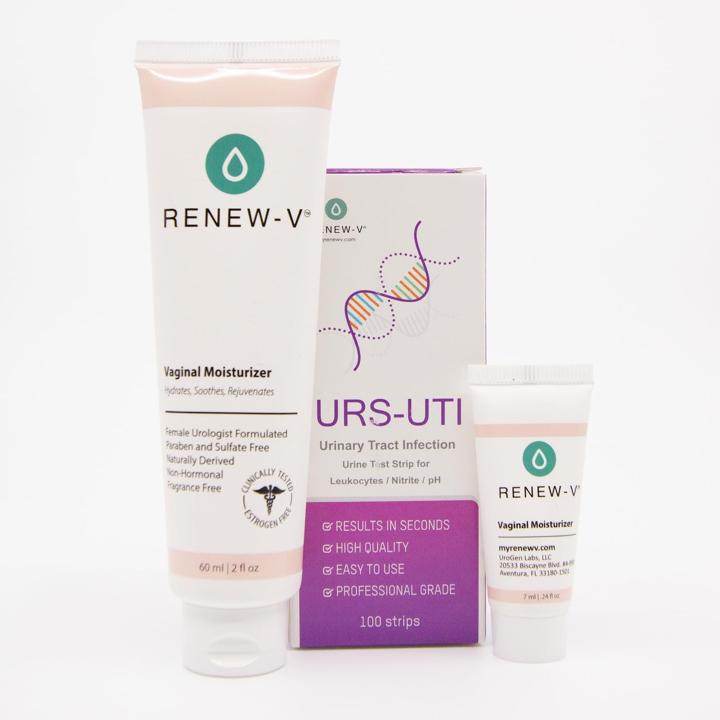 RenewV Women’s Intimate Care Bundle – UTI Test Strips 100ct & Vaginal Moisturizer 2oz with Sample – At-Home Urinary & Feminine Care Kit