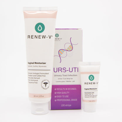 RenewV Women’s Intimate Care Bundle – UTI Test Strips 100ct & Vaginal Moisturizer 2oz with Sample – At-Home Urinary & Feminine Care Kit