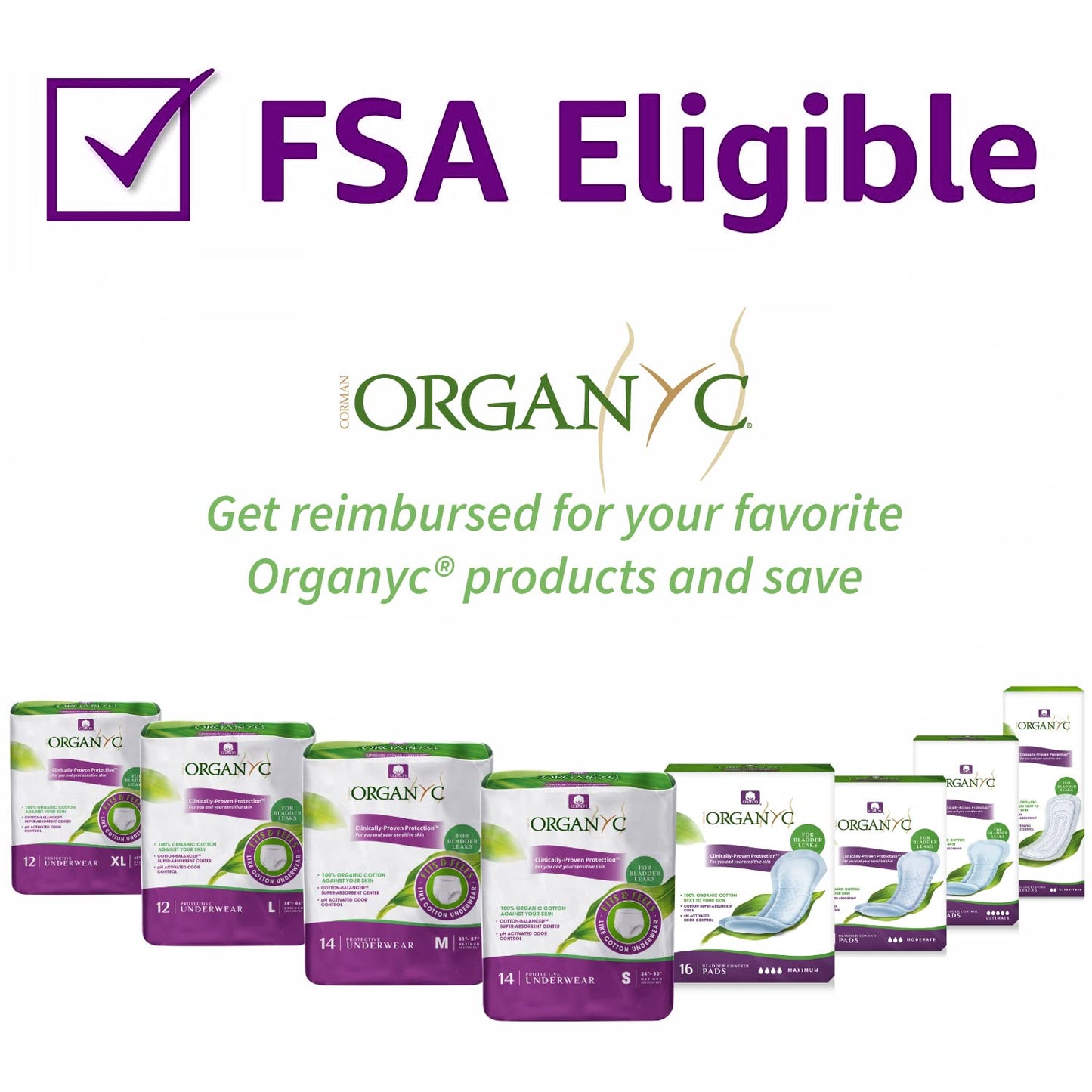 Organyc 100% Organic Cotton Inside and Out Light Incontinence Liners for Bladder Leakage Control, FSA/HSA Eligible, Ultra Thin, Light Flow, 24 Count