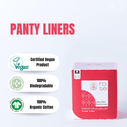 Rose Organic Panty Liners - Ultra Thin, Ultra Absorbent, Organic Cotton Topsheet, Unscented - 24 Count (Pack of 4)