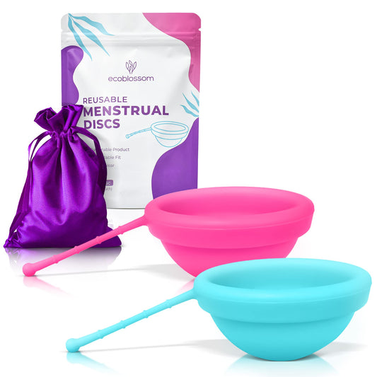 EcoBlossom Reusable Menstrual Disc with Removal String - The Most Reliable Medical Grade Silicone Period Discs - Comfortably use for 12 Hours (Pack of 2, Rose & Teal)