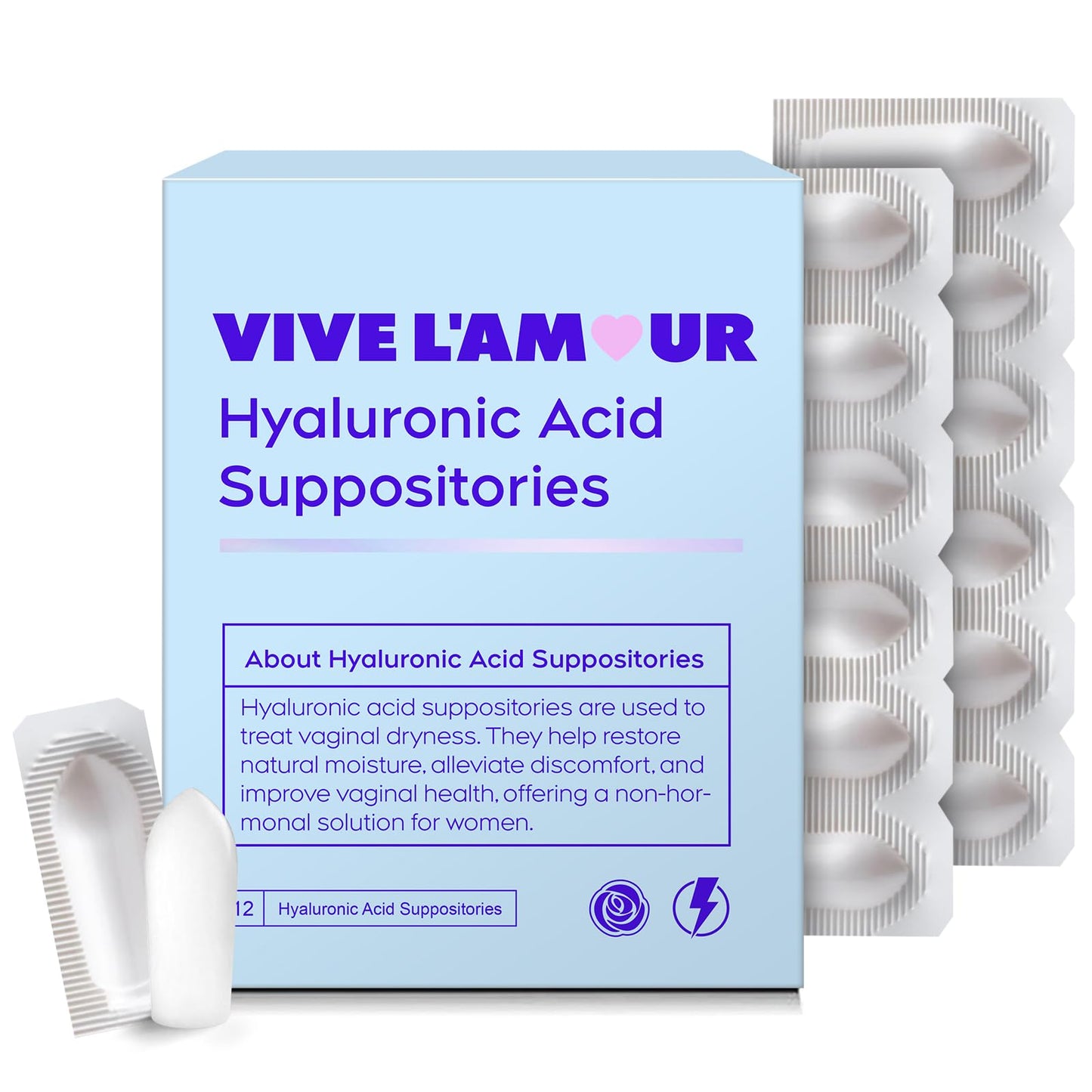 Vive L'Amour 15mg Hyaluronic Acid Vaginal Suppositories, Vaginal Moisturizer, Continuous Hydration, Relieves Vaginal Dryness, Restores Natural Softness & Elasticity, Vaginal Health (12 Inserts)