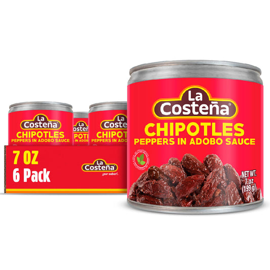 La Costeña Chipotle Peppers in Adobo Sauce - Smoked Spicy Peppers Chipotle in Adobo Sauce - Mexican Food, Taco, Enchiladas & Salsa - Hot Pickled Vegetables - 7oz, 6 Pack Canned Vegetables
