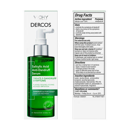Dercos Salicylic Acid Anti-Dandruff Treatment, Scalp Treatment Targets Dandruff Symptoms & Leaves Head Feeling Hydrated & Soothed, Serum Provides Flake & Itch Relief, 3 Fl. Oz.