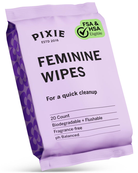 Pixie Feminine Wipes - On The Go Public Bathroom Wipes for Feminine Care - Safe On Period Cups & Menstrual Discs - Biodegradable, Flushable, pH Balanced & Unscented Menstrual Cup Wipes (20 Count)