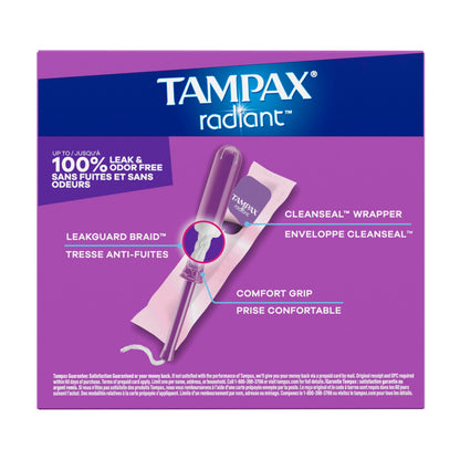Tampax Radiant Tampons Light Absorbency with BPA-Free Plastic Applicator and LeakGuard Braid, Unscented, 28 Count