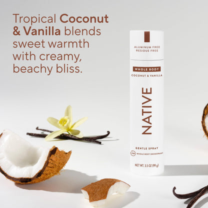 Native Whole Body Deodorant Spray, Coconut & Vanilla, 72 Hour Odor Control, Aluminum Free, No Chemical Propellant, Contains Naturally Derived Ingredients, 3.5 oz