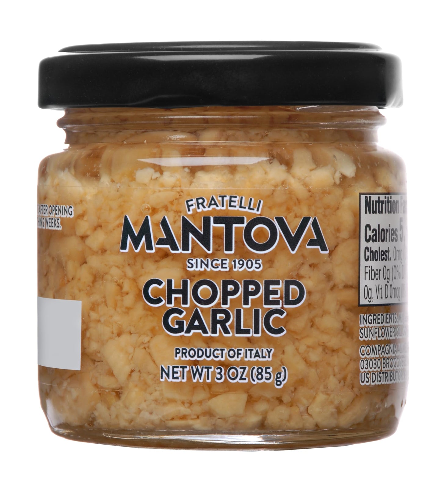 Mantova Chopped Garlic in Oil, 3 oz (85g),- Pack of 3, Product of Italy – Ready to Use Minced Garlic for Cooking, Pasta, Sauces & Marinades – Glass Jar, All-Natural, Non-GMO, Gluten-Free, Cholesterol-Free, Vegan-Friendly