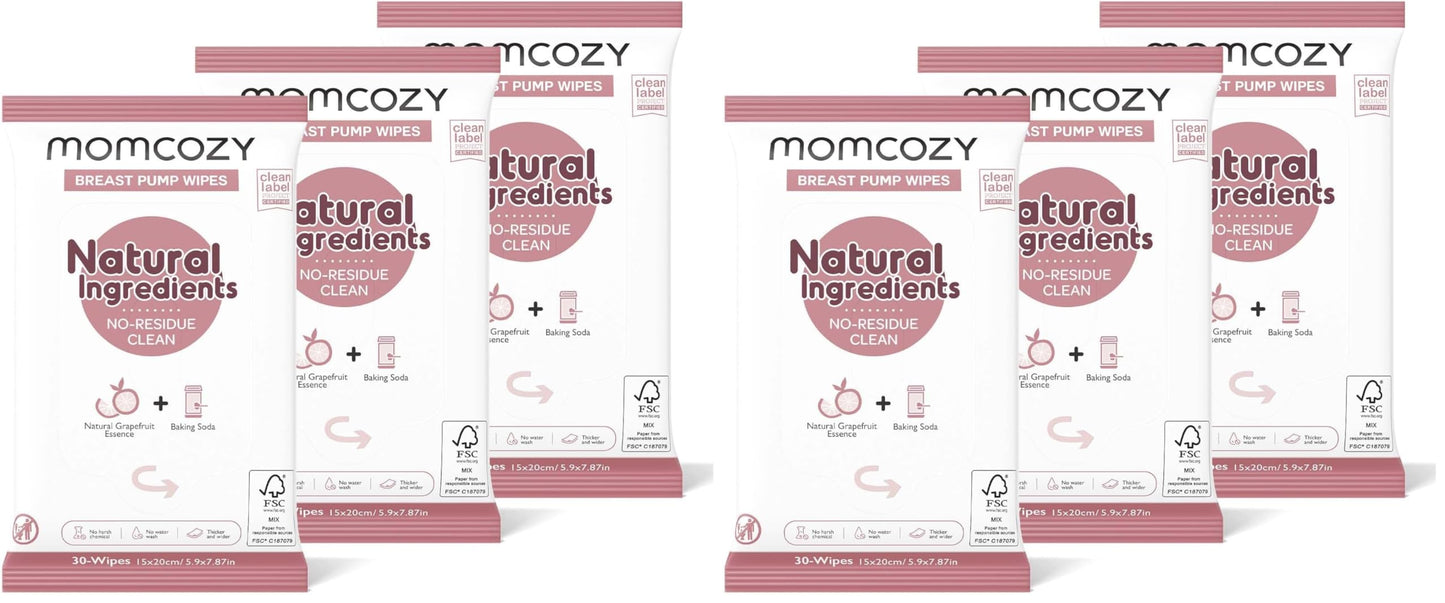 Momcozy Natural Breast Pump Wipes for Pump Parts Cleaning On-the-go, 30 Count (Pack of 6), Flash Clean & Resealable Pump Wipes