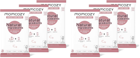 Momcozy Natural Breast Pump Wipes for Pump Parts Cleaning On-the-go, 30 Count (Pack of 6), Flash Clean & Resealable Pump Wipes