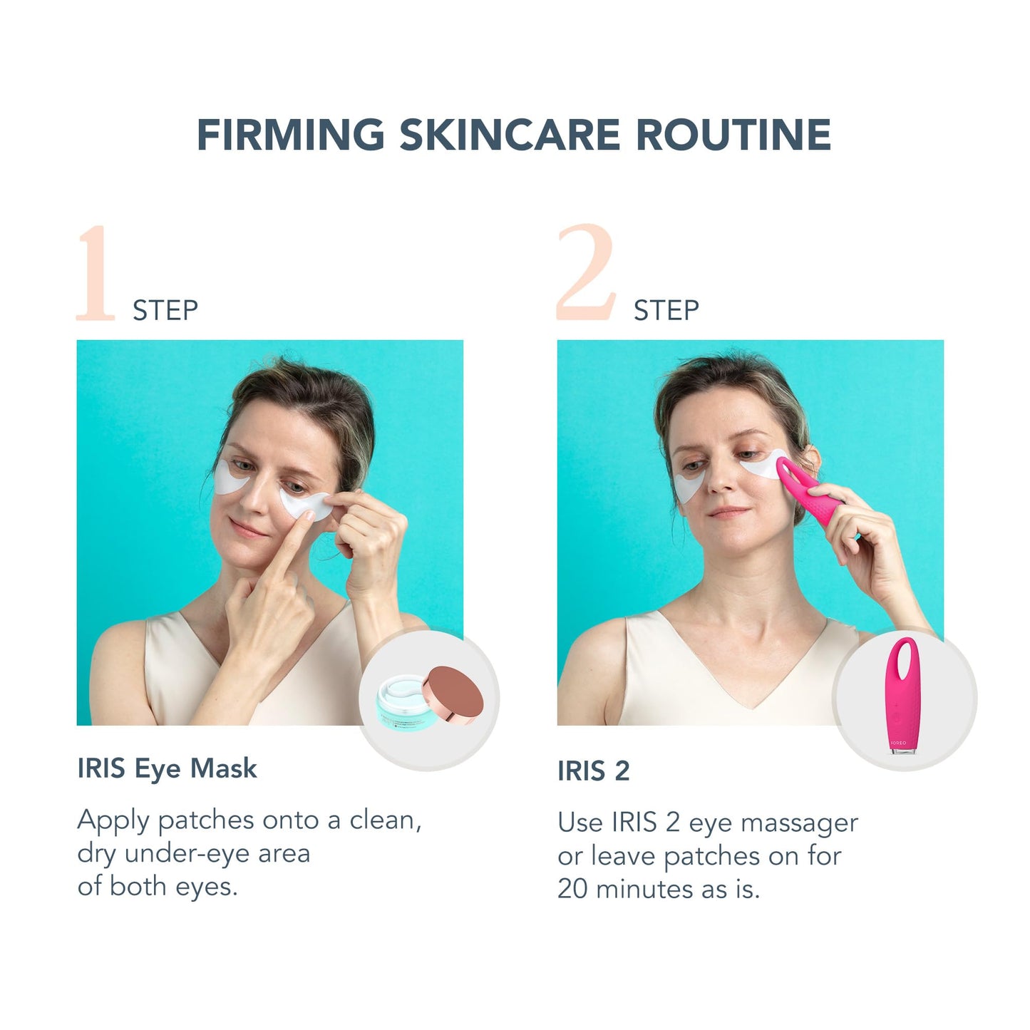 FOREO Eye Revive IRIS 2 Bundle - Lymphatic Drainage Eye Massager IRIS Hydrating Hydrogel Eye Mask, 60 pcs Dark Eye Circle Remover & Eye Bags Remover - Eye Puffiness Reducer - Fuchsia