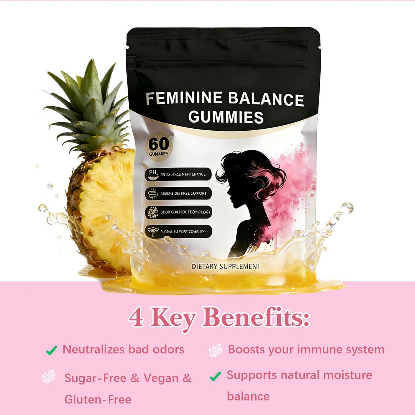 Premium Feminine Balance Gummies for Women | Hawaiian Pineapple Flavor, Daily pH Balance & Freshness Support | Vegan, Sugar-Free Gummies for Intimate Wellness, Flora & Immune Support | 60 Count