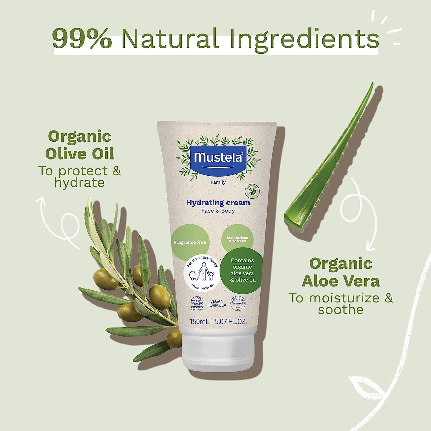 Mustela Certified Organic Hydrating Cream - Natural Body Lotion w/Olive Oil, Aloe Vera & Sunflower Oil - For Baby, Kid & Adult - Fragrance Free, EWG Verified & Vegan - 5.07 oz. - Packaging may vary