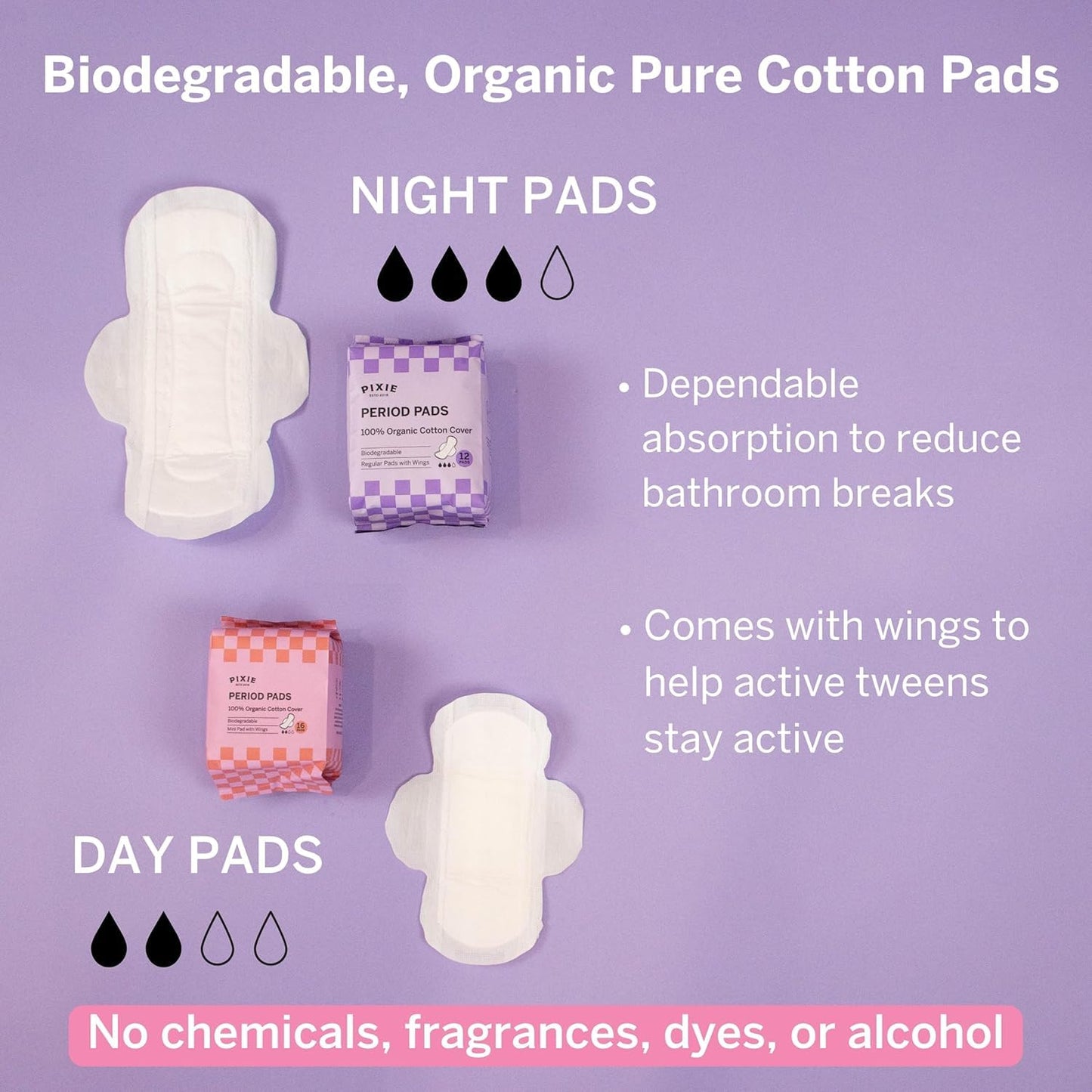 Pixie Period Starter Pads for Teen Girls - Organic Cotton 56ct - Designed for Tweens & Smaller Underwear - Leak-Proof with Wings for Feminine Care - Includes 32ct Mini & 24ct Regular Pads with Wipes