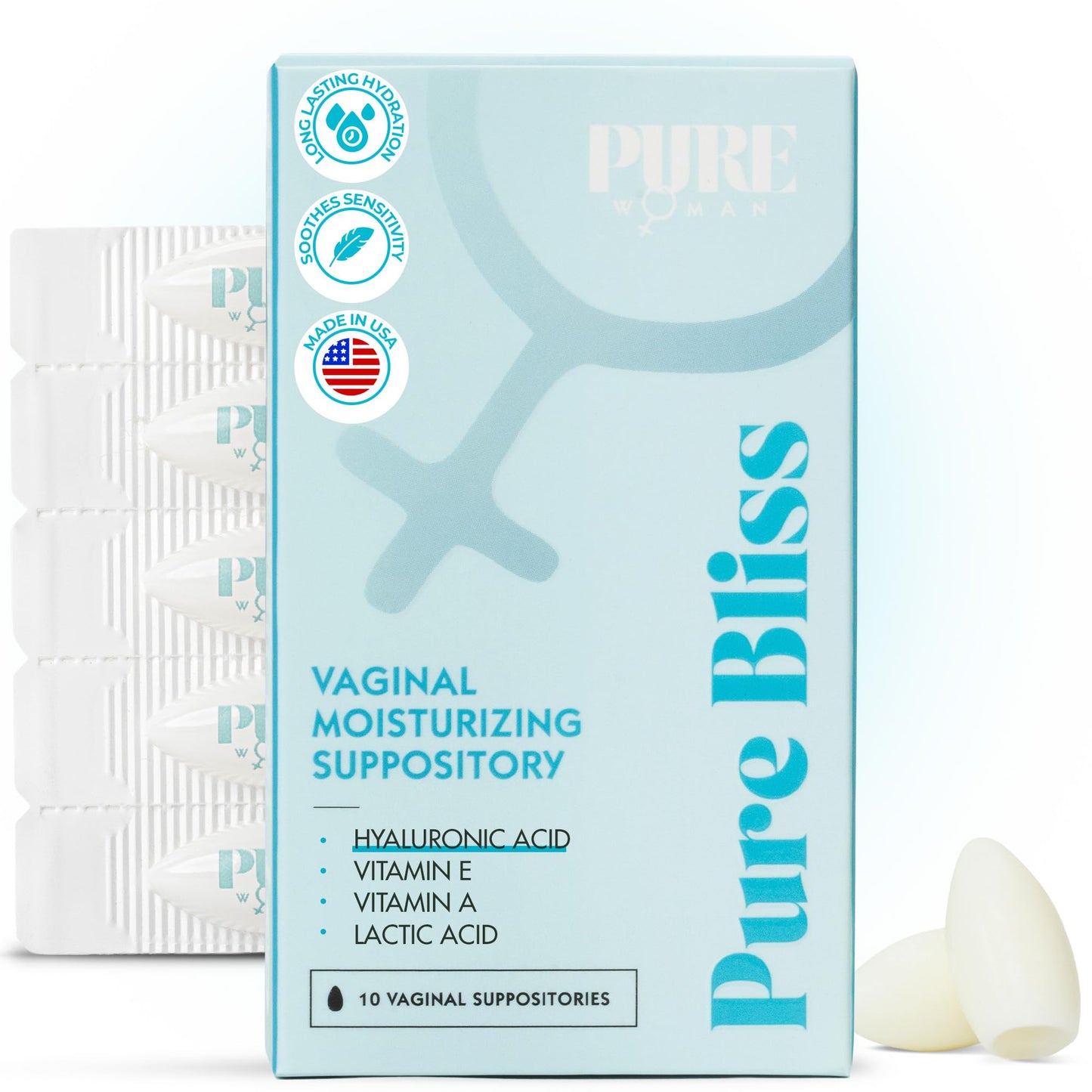 PURE WOMAN - Pure Bliss - Vaginal Moisturizing Suppositories - Hyaluronic Acid, Vitamin E, Vitamin A, Lactic Acid - Supports Vaginal Moisturization - Long Lasting Comfort & Sensitivity Relief - 10 Pk