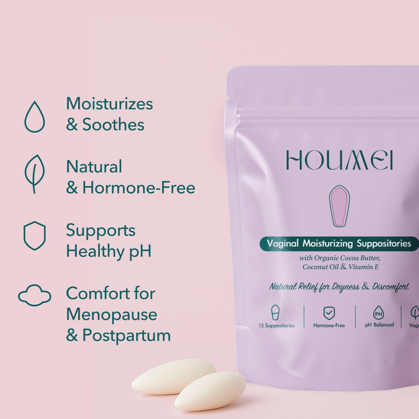 Vaginal Suppositories with Vitamin E and Hyaluronic Acid, Organic Feminine Moisturizer for Dryness & Discomfort Relief, pH-Balanced Natural Feminine Care, 12 Counts